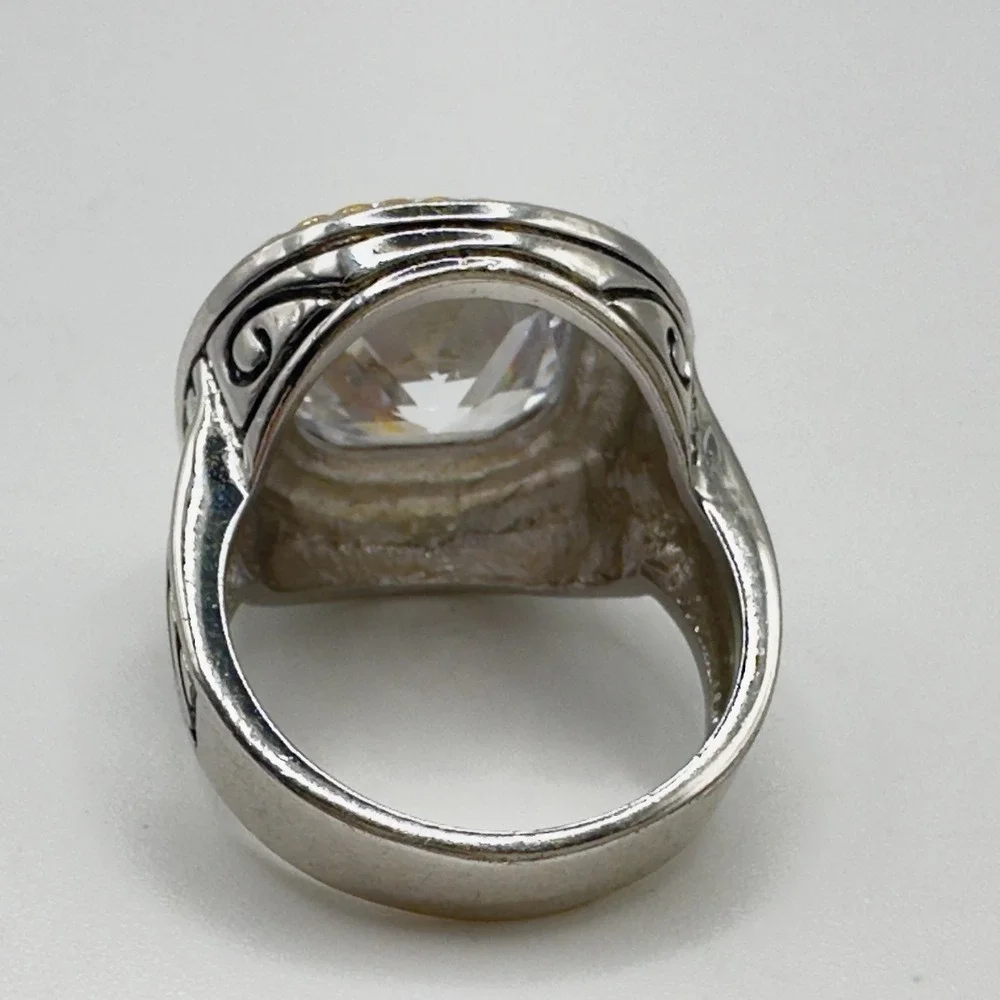 Designer Inspired Statement Ring Large CZ Silver Tone Gold Tone Rope Accent 7.25